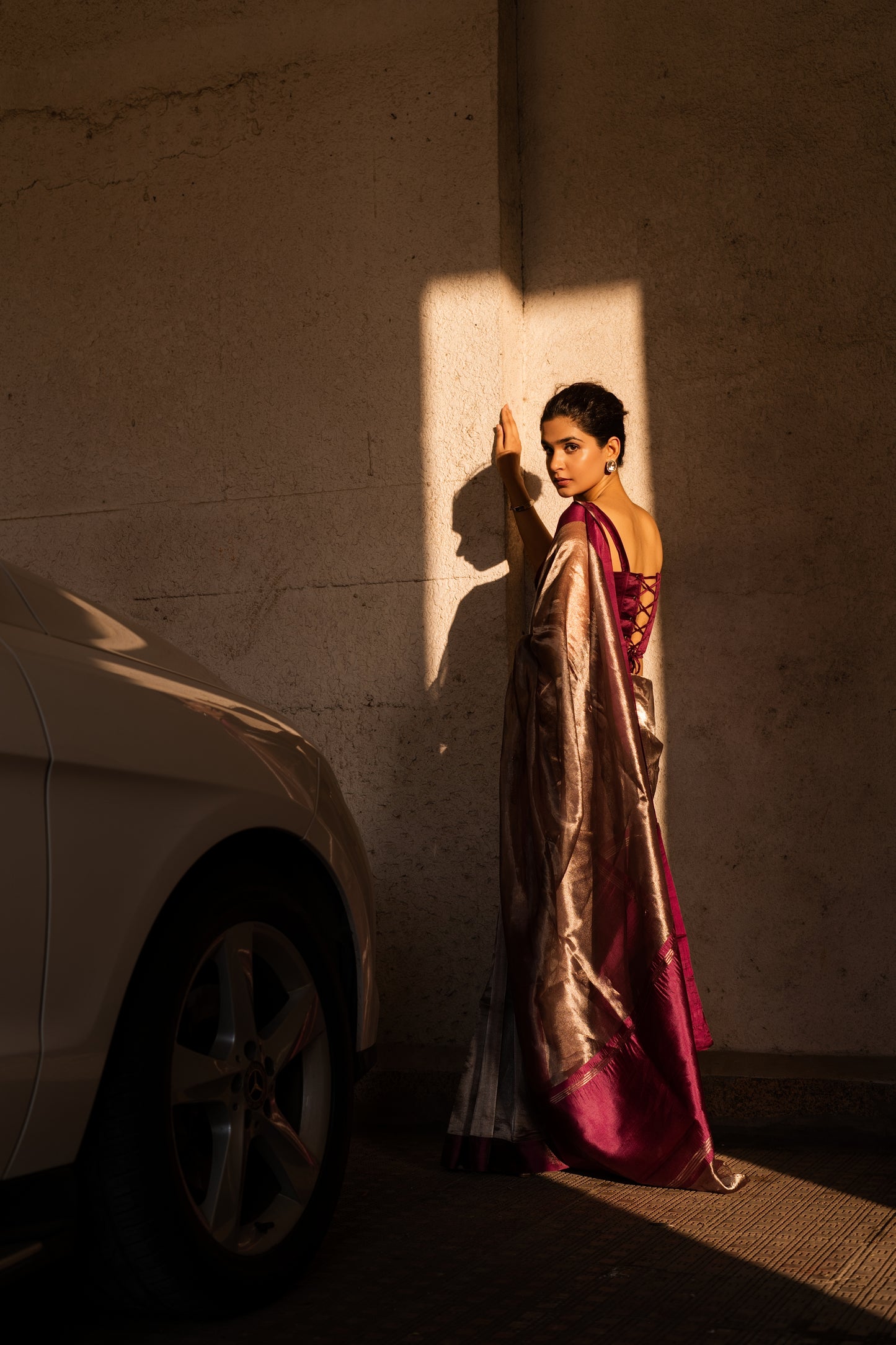 PLUM GLASS TISSUE SAREE