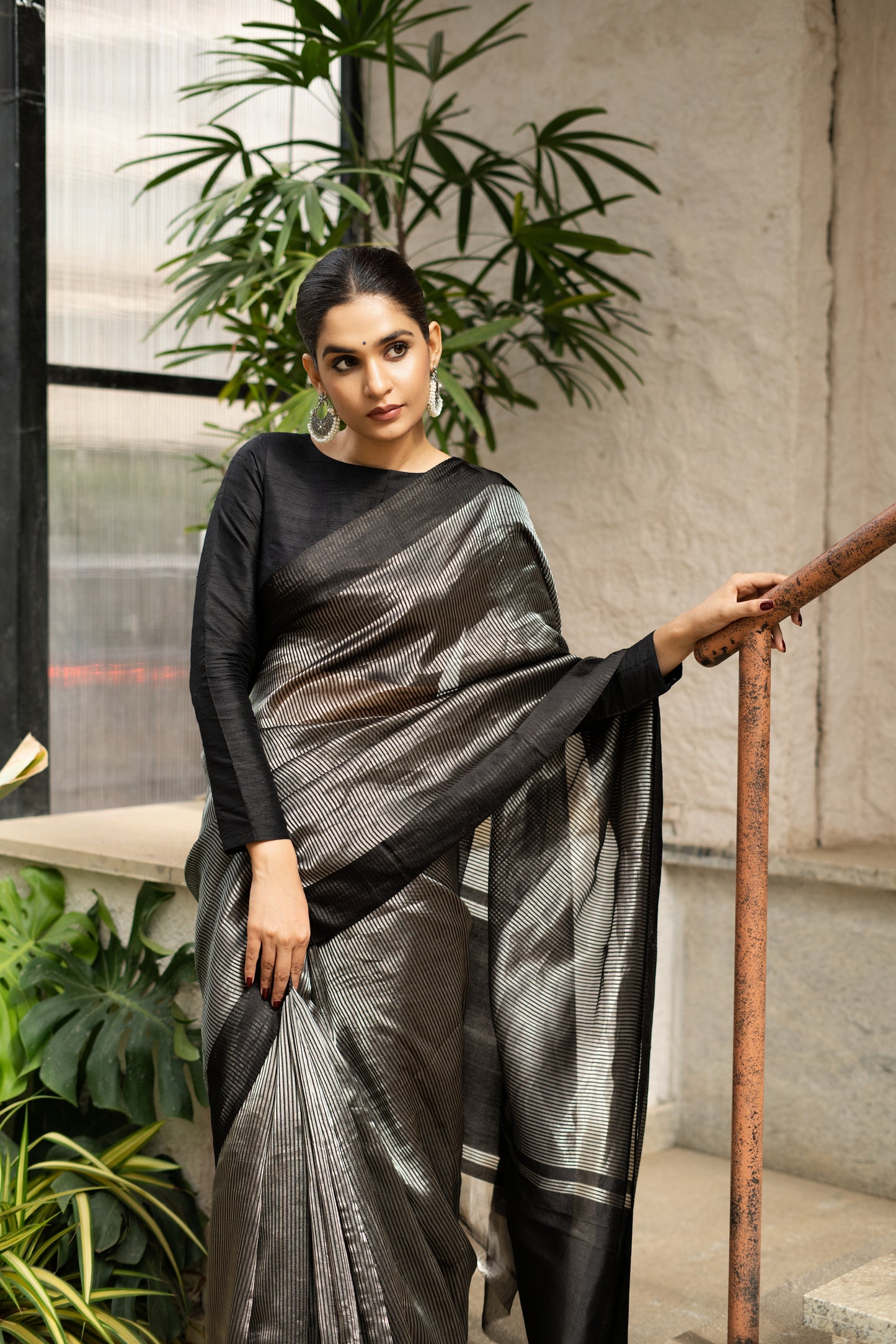 BLACK STRIPPED TISSUE SILK SAREE