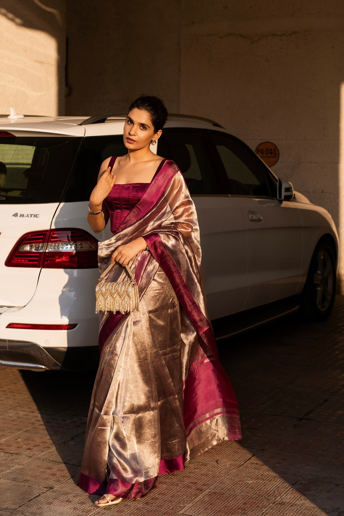 PLUM GLASS TISSUE SAREE