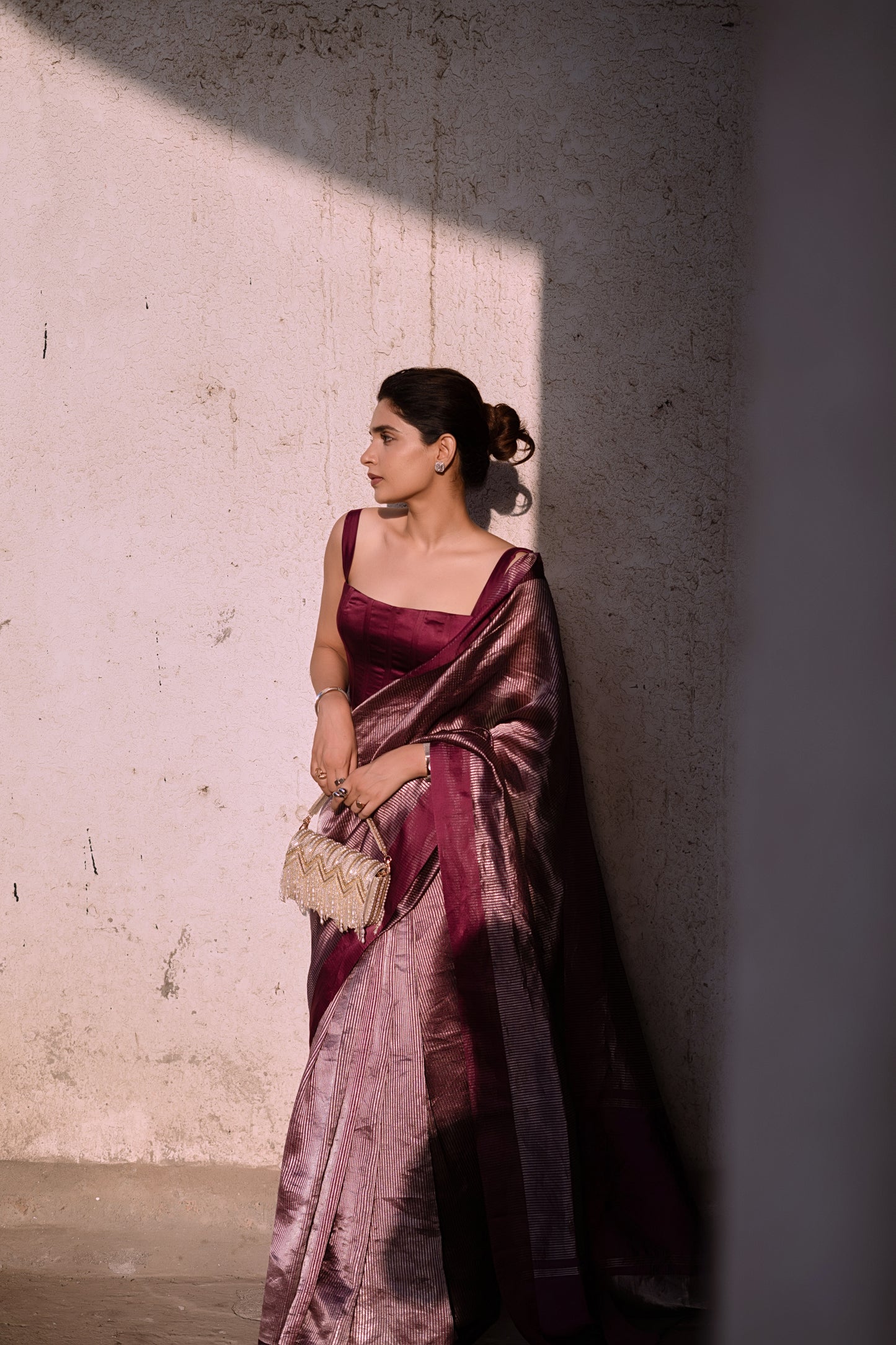 PLUM STRIPED TISSUE SILK SAREE