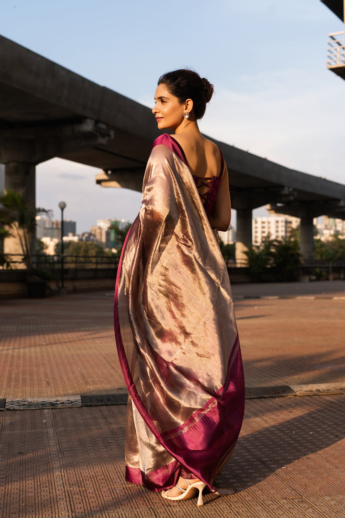 PLUM GLASS TISSUE SAREE