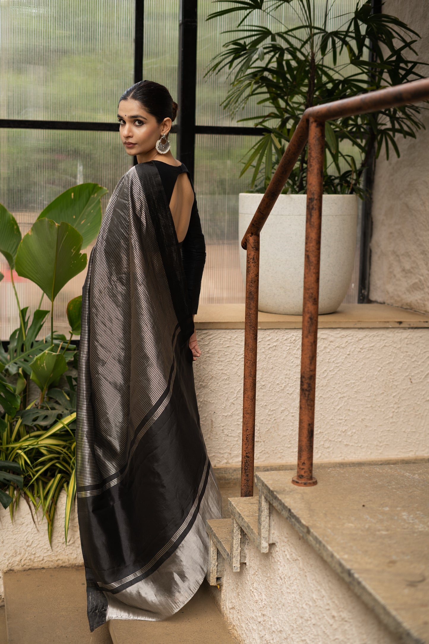 BLACK STRIPPED TISSUE SILK SAREE