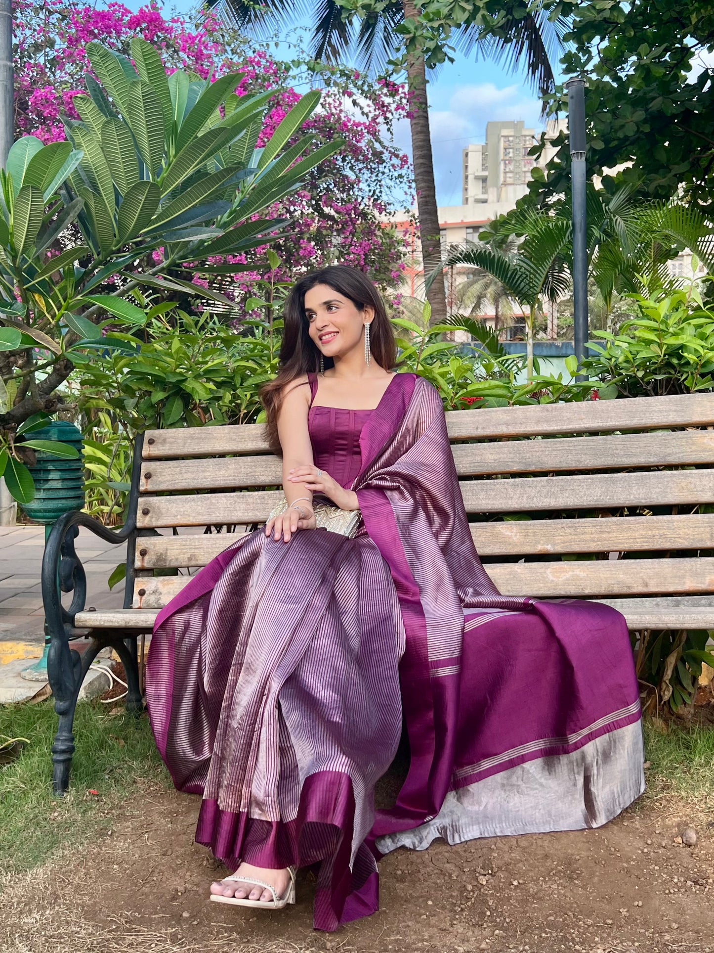 PLUM STRIPED TISSUE SILK SAREE