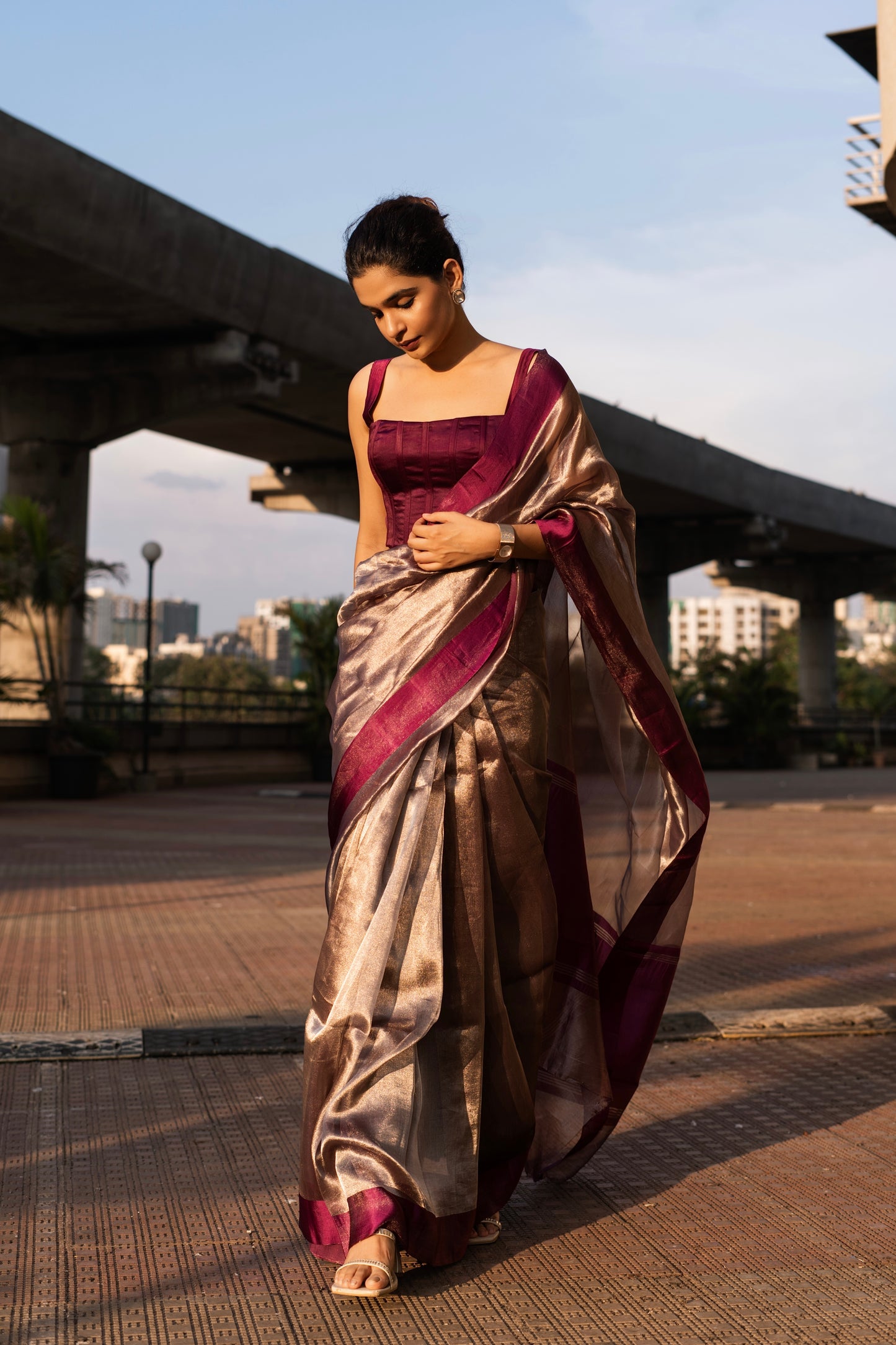 PLUM GLASS TISSUE SAREE