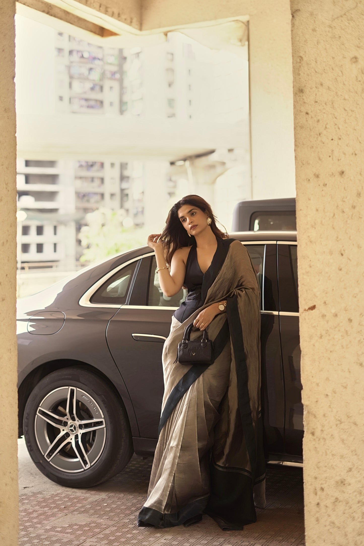 BLACK GLASS TISSUE SILK SAREE