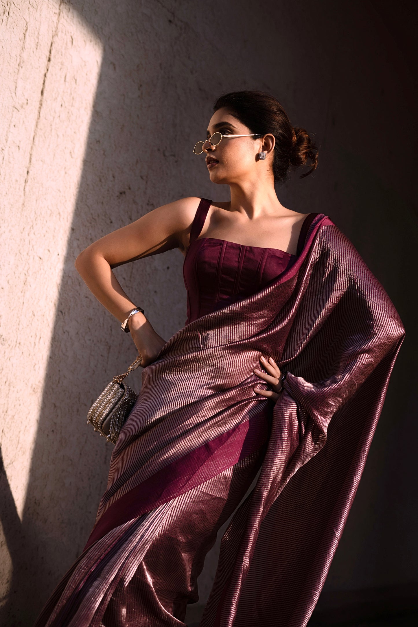 PLUM STRIPED TISSUE SILK SAREE