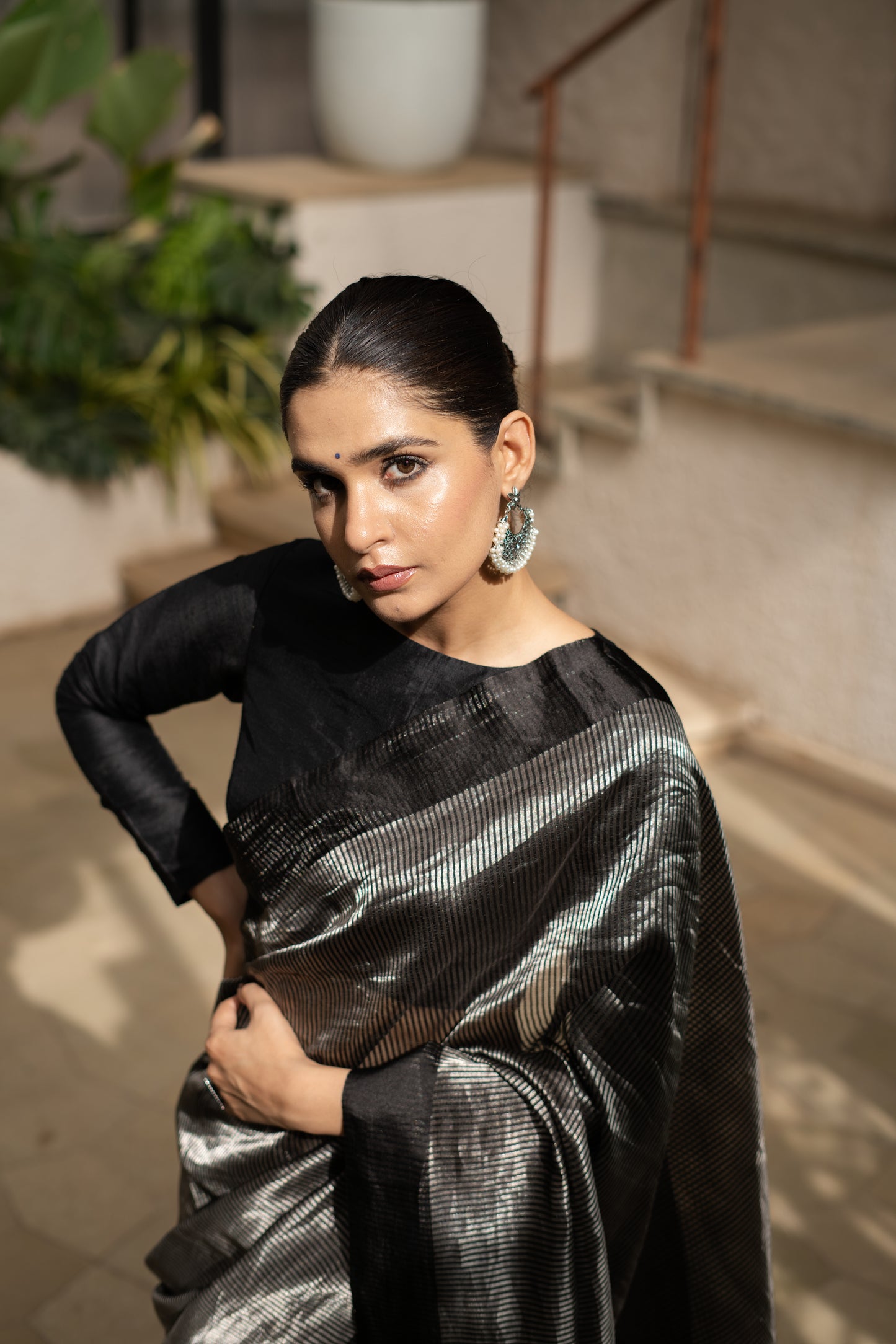 BLACK STRIPPED TISSUE SILK SAREE