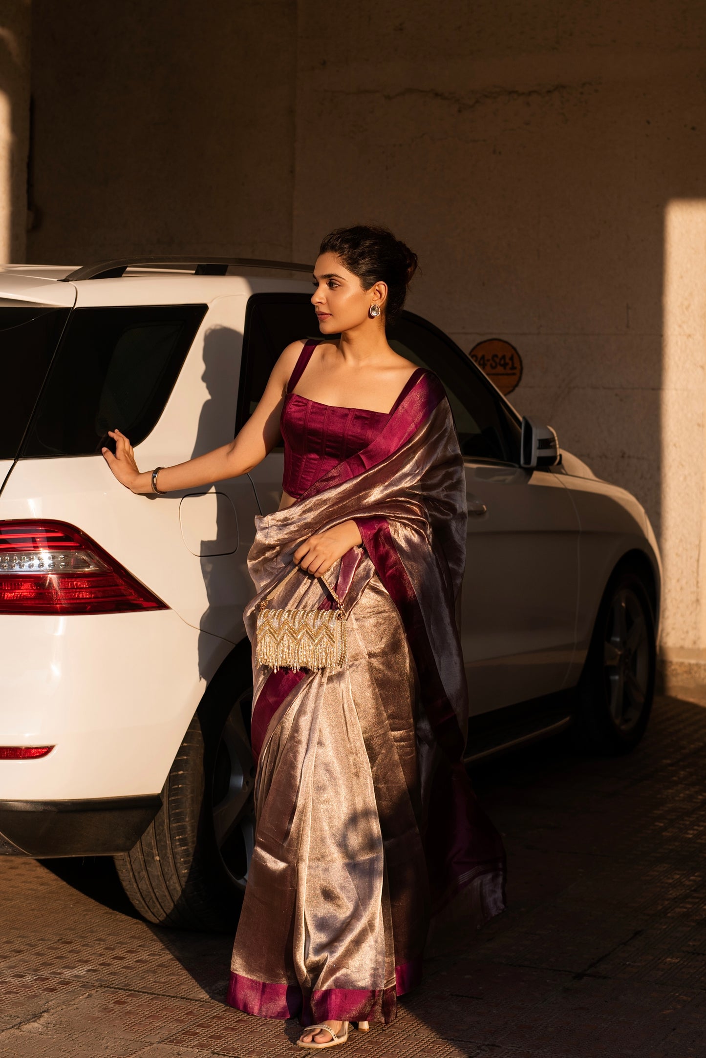 PLUM GLASS TISSUE SAREE