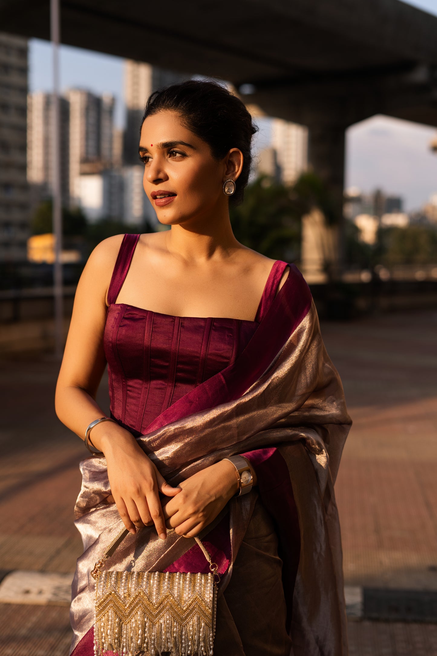 PLUM GLASS TISSUE SAREE