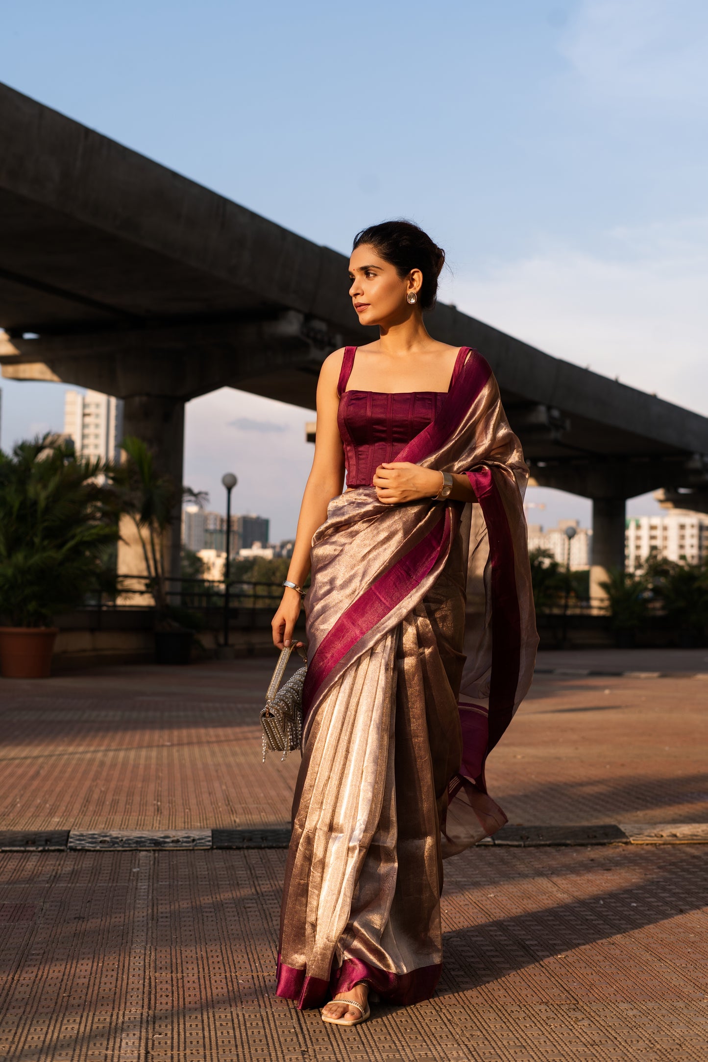 PLUM GLASS TISSUE SAREE