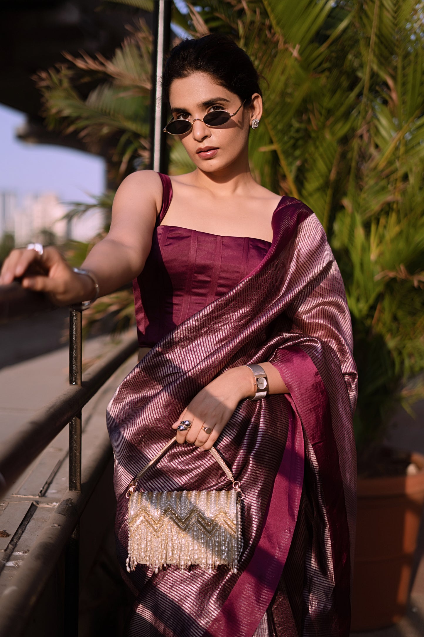 PLUM STRIPED TISSUE SILK SAREE
