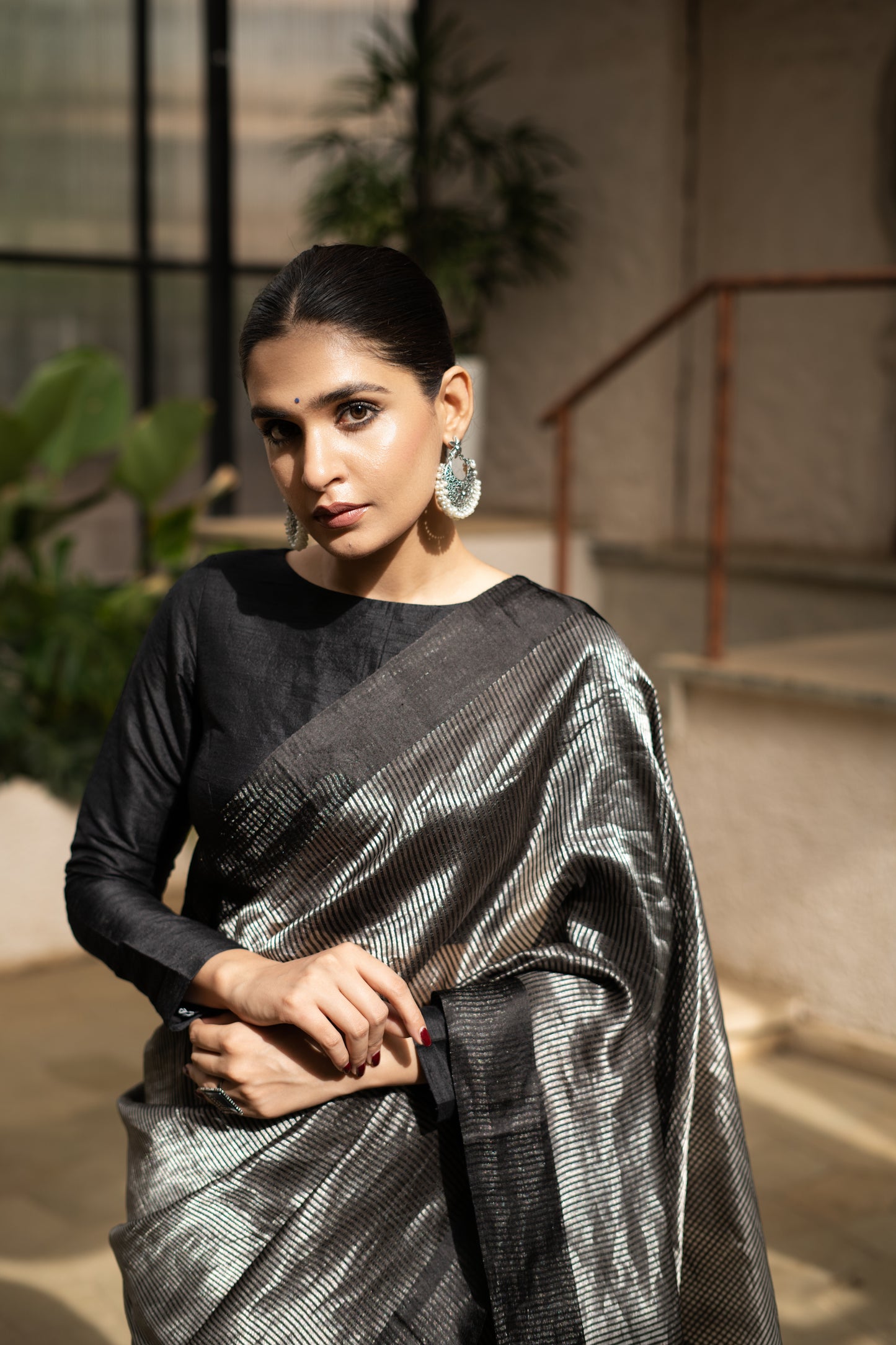 BLACK STRIPPED TISSUE SILK SAREE