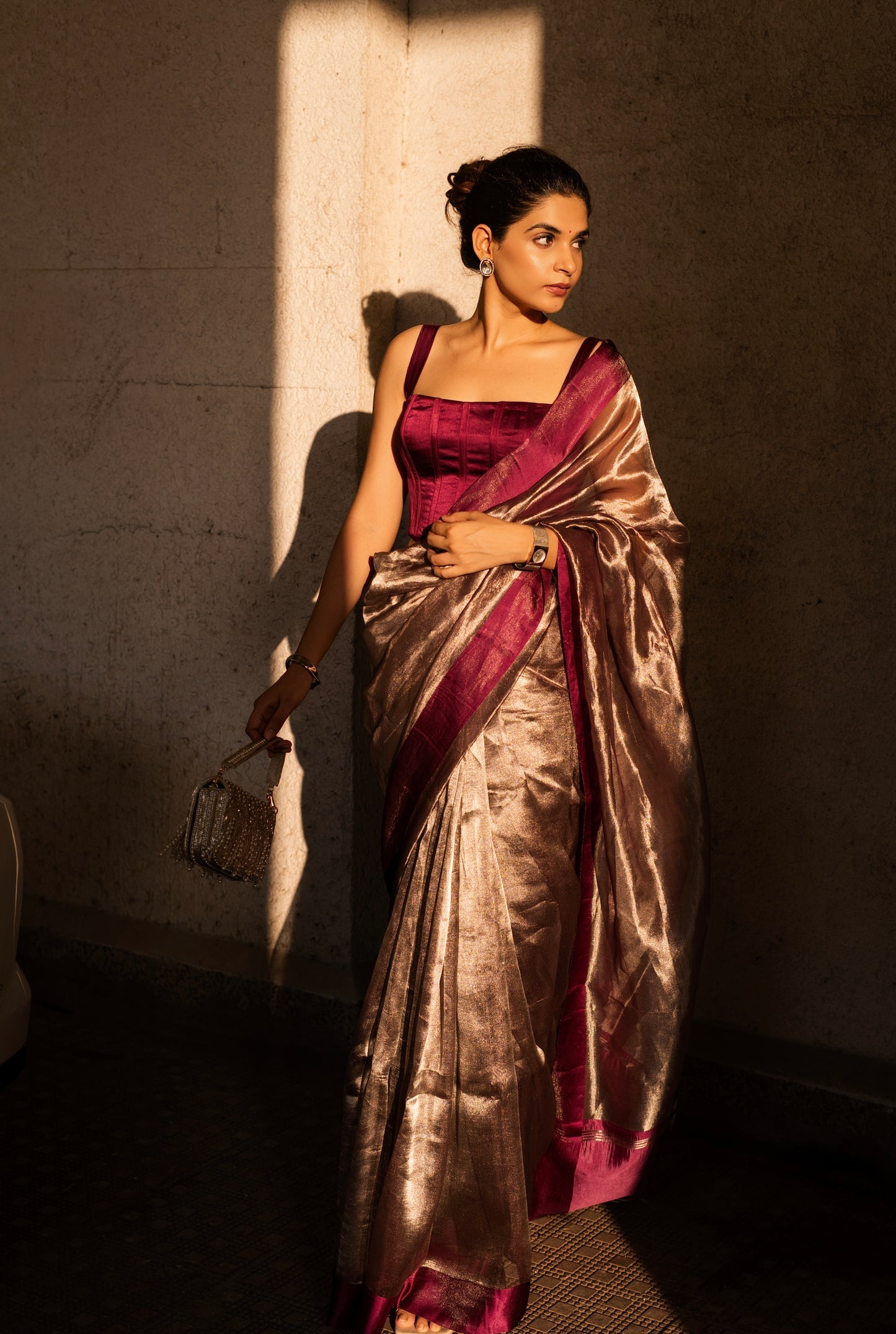 PLUM GLASS TISSUE SAREE