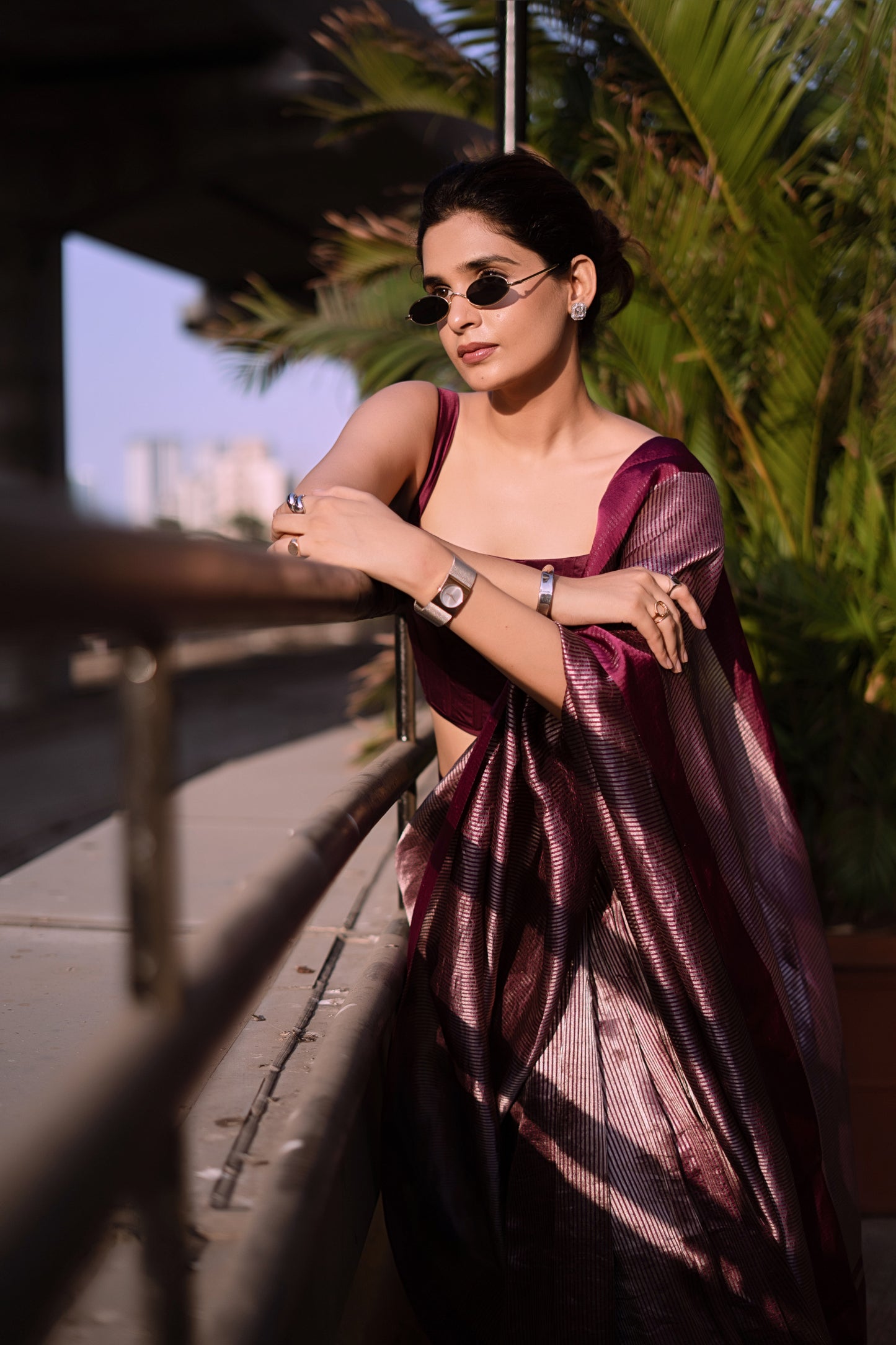 PLUM STRIPED TISSUE SILK SAREE