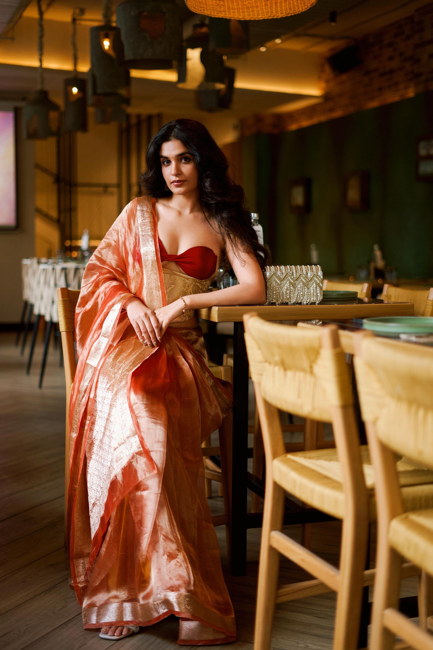 RUST ORANGE GLASS TISSUE SAREE