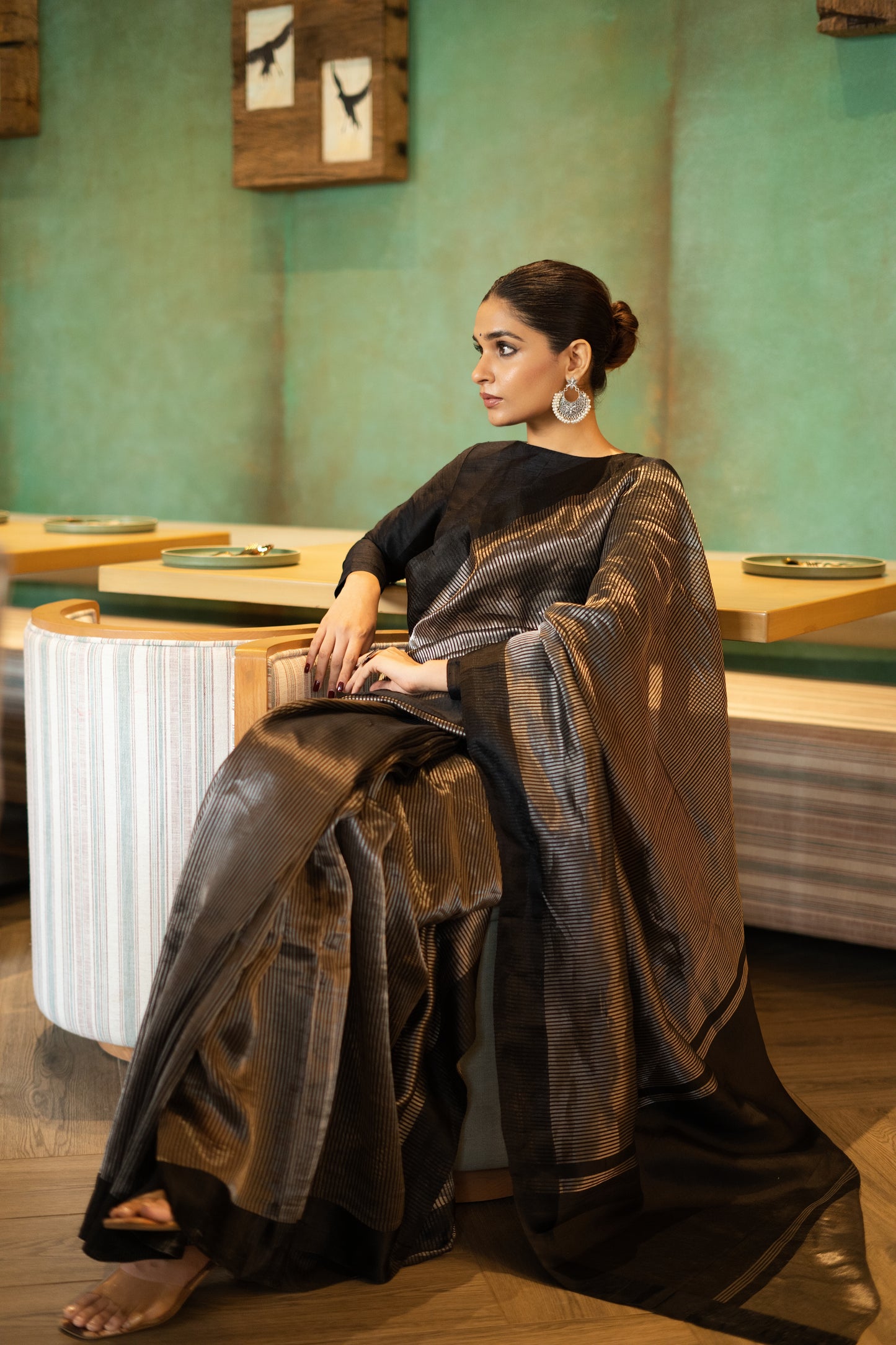 BLACK STRIPPED TISSUE SILK SAREE