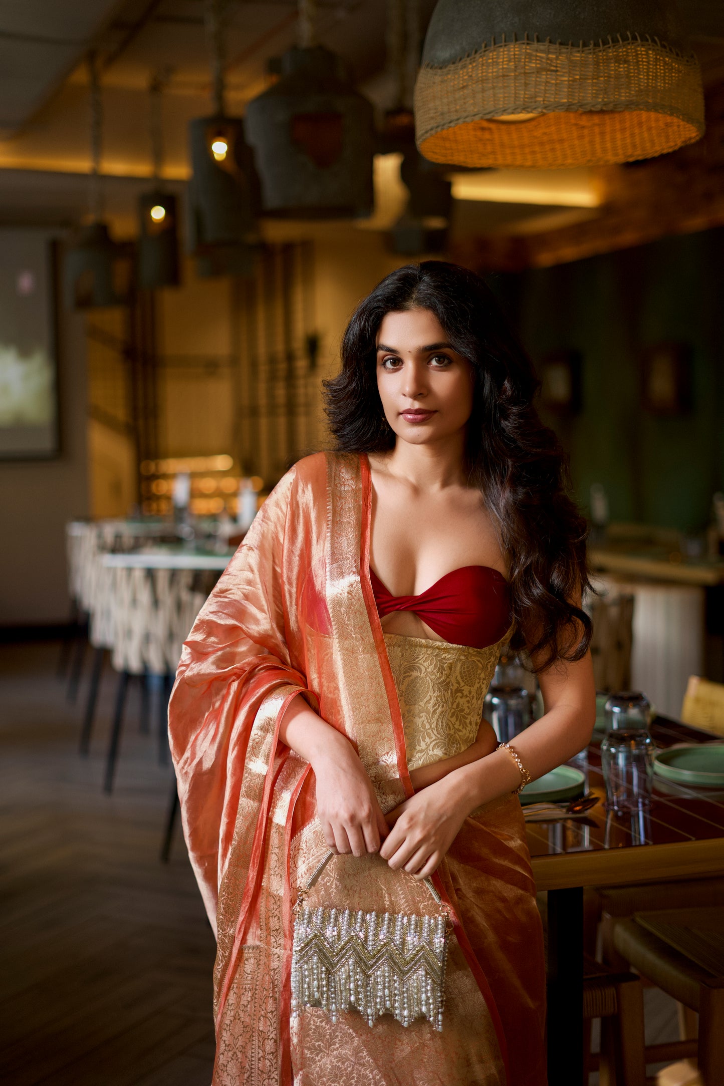 RUST ORANGE GLASS TISSUE SAREE