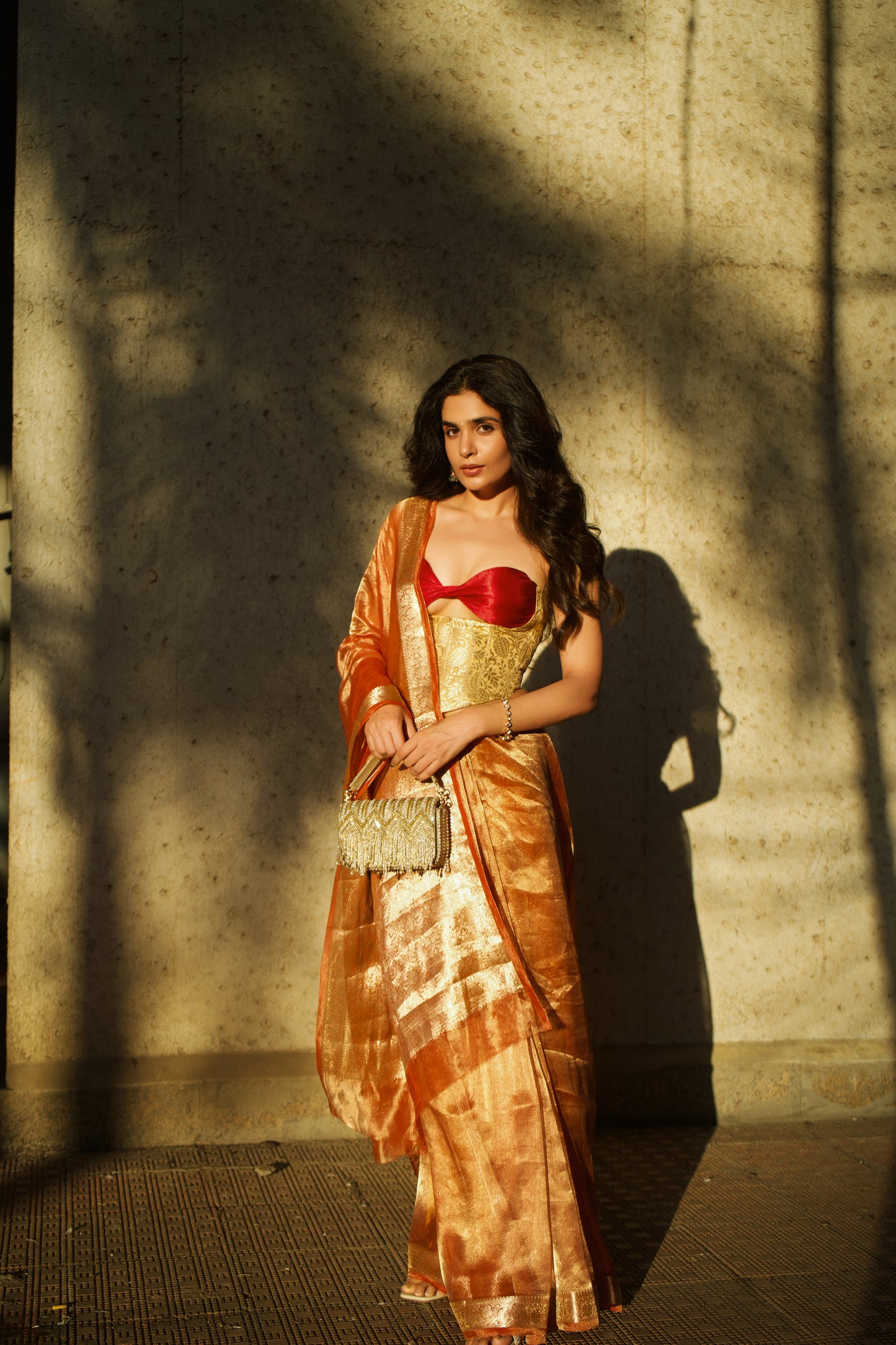 RUST ORANGE GLASS TISSUE SAREE