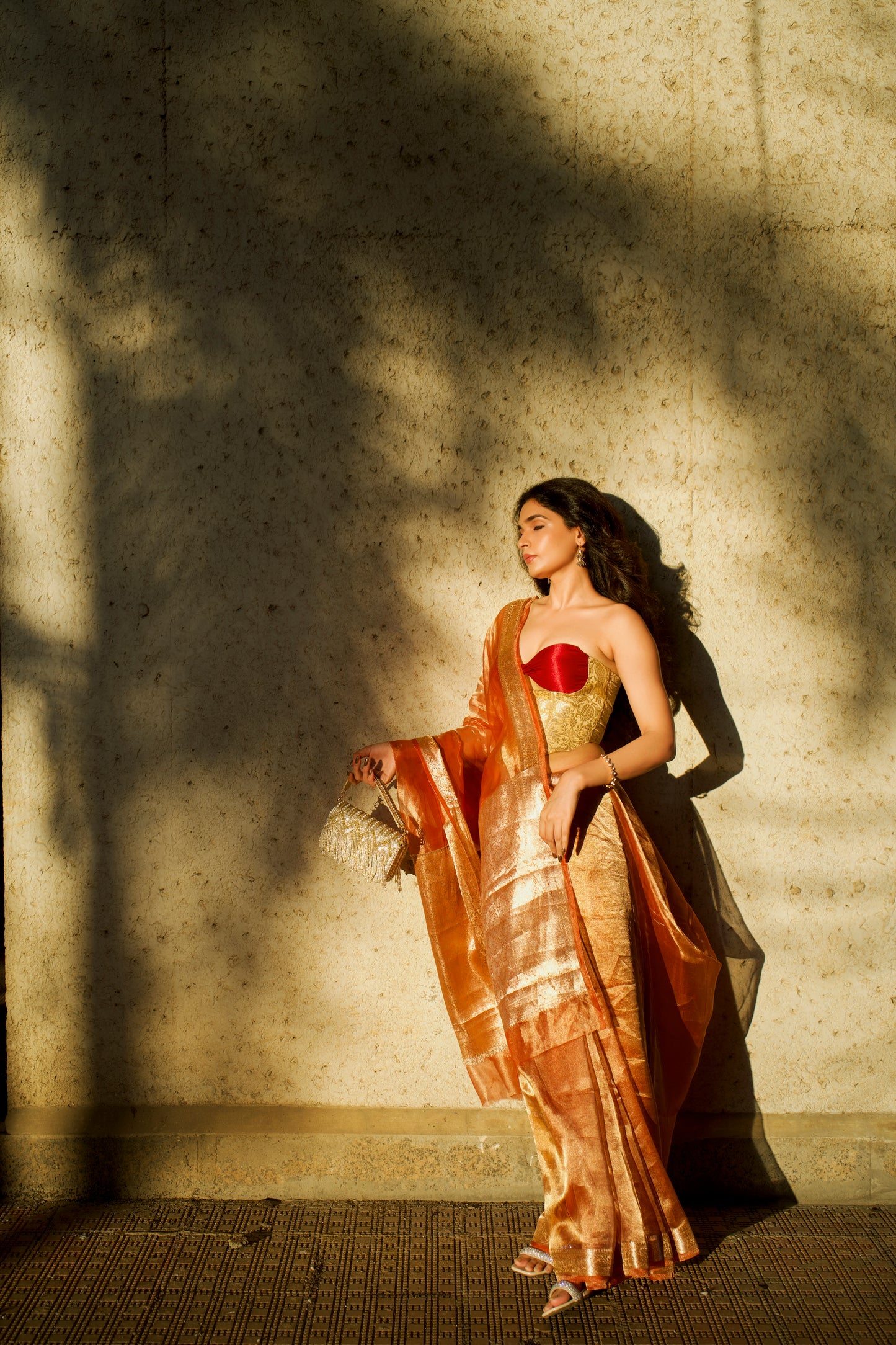 RUST ORANGE GLASS TISSUE SAREE
