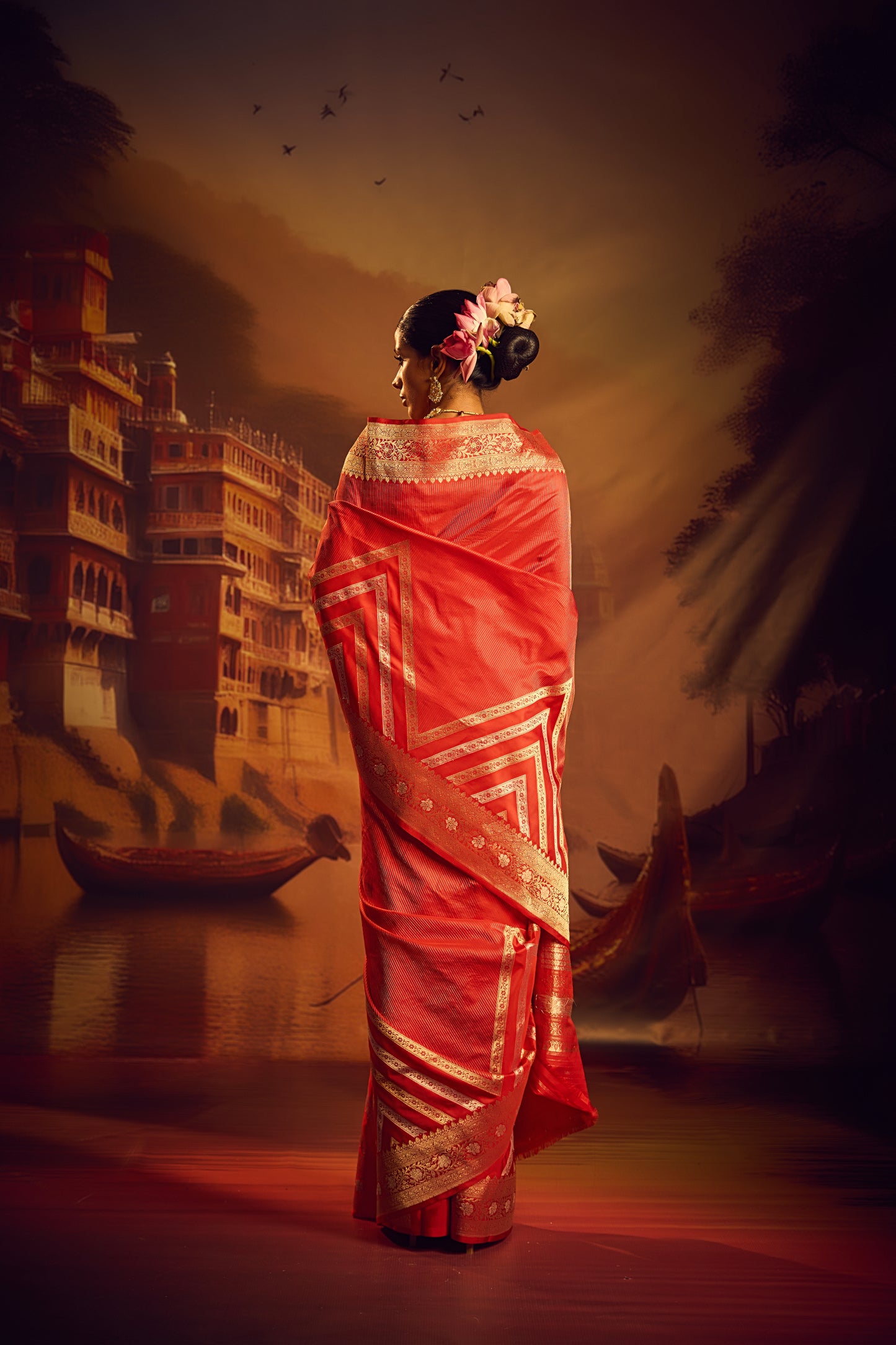 RED SONA RUPA VERTICAL STRIPE SAREE