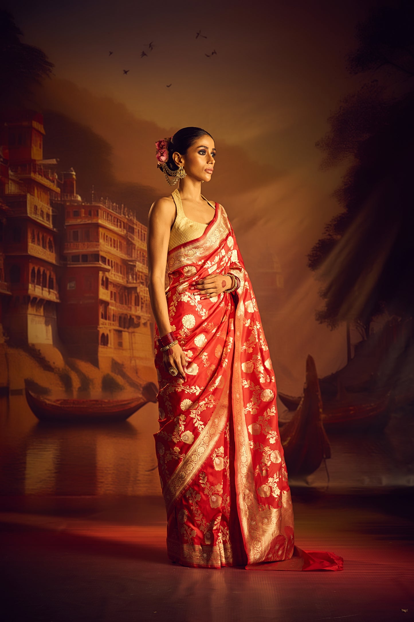 RED KATAN SONA RUPA JUNGLA SAREE