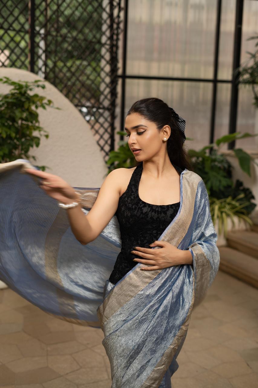 ICE BLUE BANARASI CRUSHED TISSUE SILK SAREE