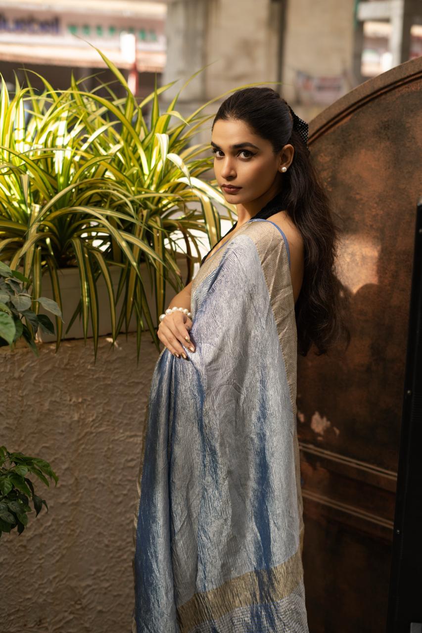 ICE BLUE BANARASI CRUSHED TISSUE SILK SAREE