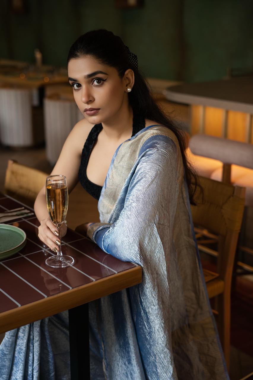 ICE BLUE BANARASI CRUSHED TISSUE SILK SAREE
