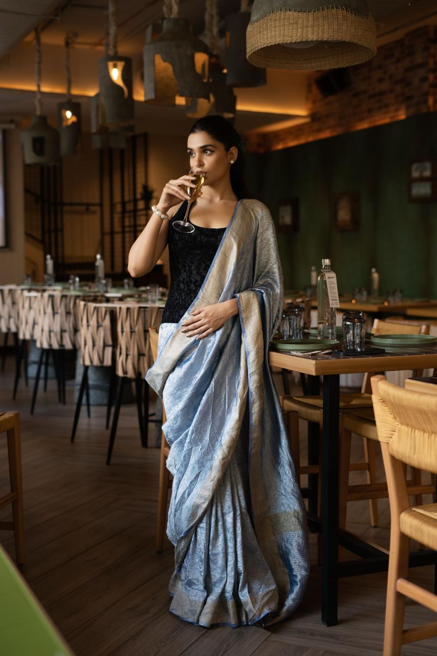 ICE BLUE BANARASI CRUSHED TISSUE SILK SAREE