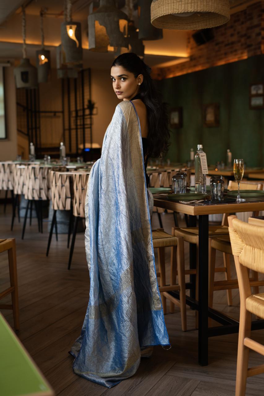 ICE BLUE BANARASI CRUSHED TISSUE SILK SAREE