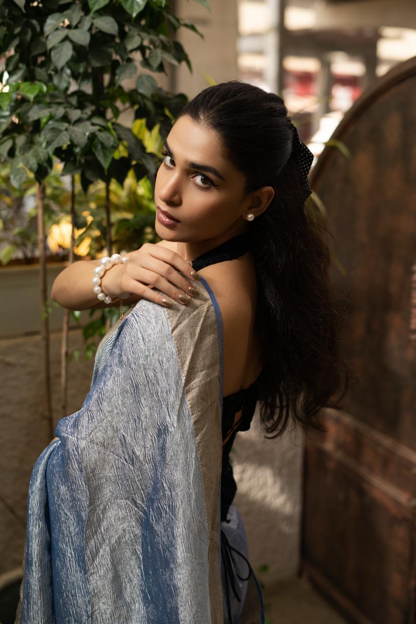 ICE BLUE BANARASI CRUSHED TISSUE SILK SAREE