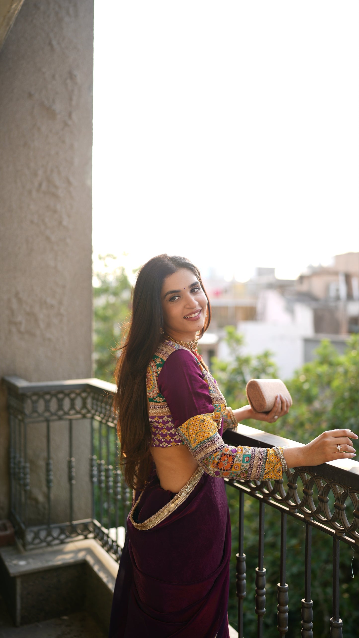 WINE TISSUE SAREE WITH LACE BORDER & MULTICOLOUR BLOUSE
