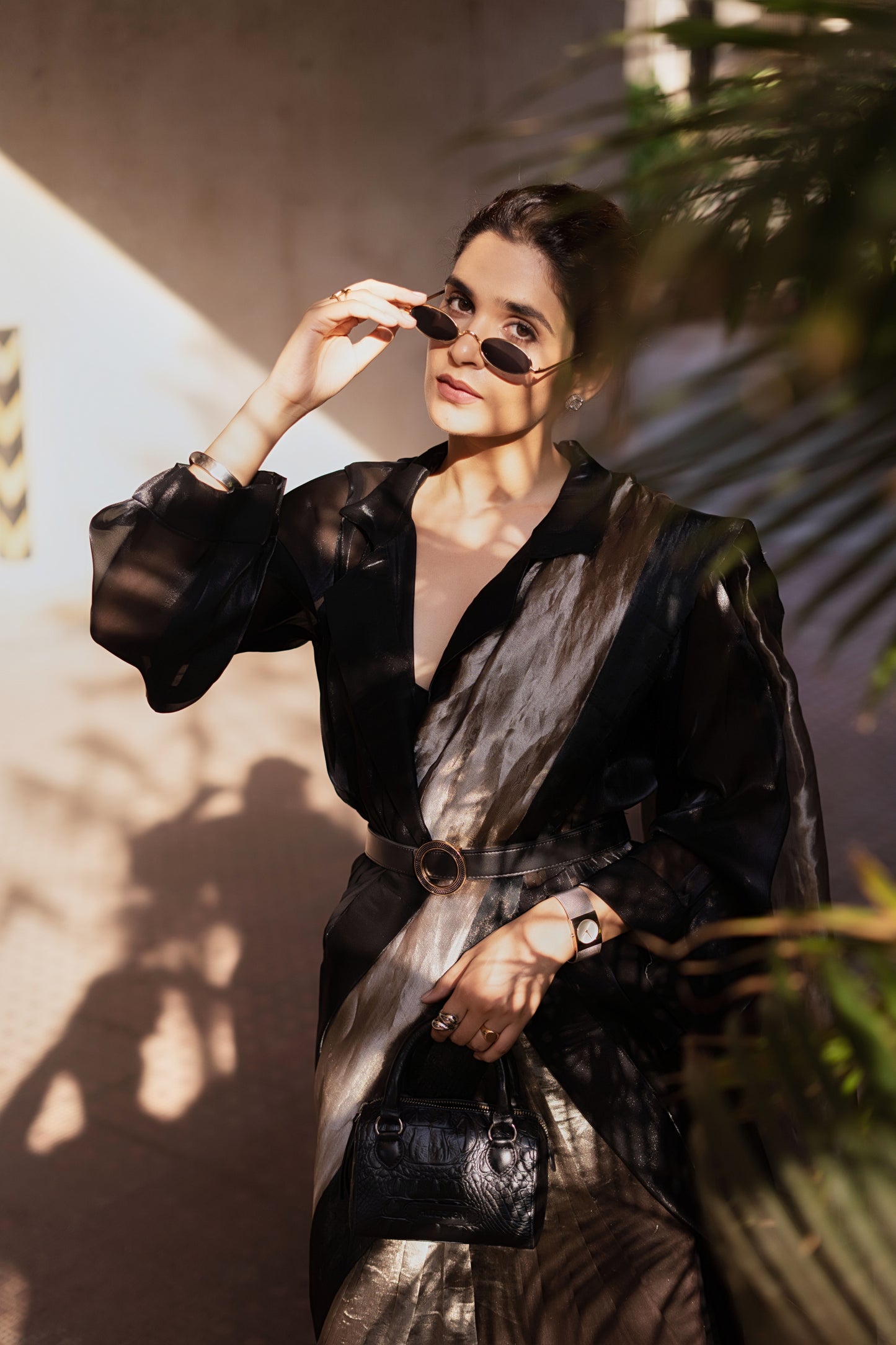 BLACK GLASS TISSUE SILK SAREE WITH SHRUG