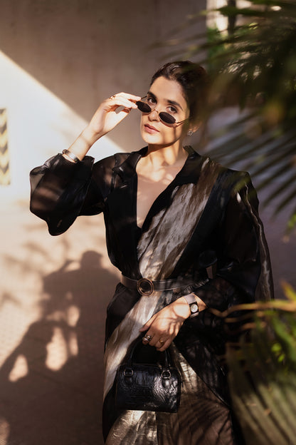 BLACK GLASS TISSUE SILK SAREE WITH SHRUG