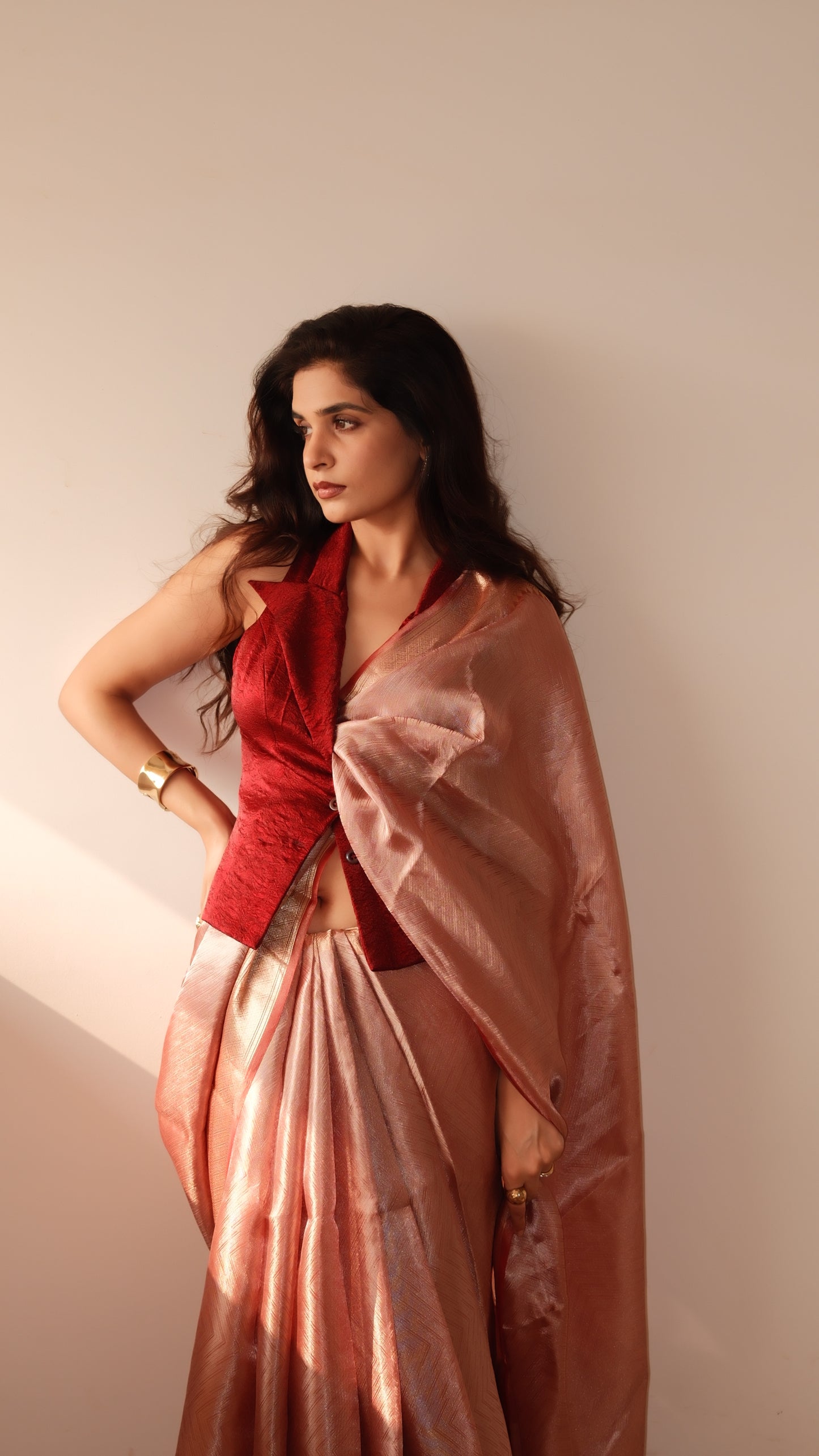 SIGNATURE TISSUE SAREE WITH ZARI BROCADE BORDER & TAILORED WAISTCOAT