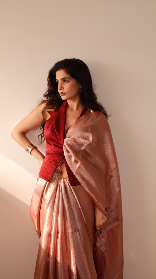 SIGNATURE TISSUE SAREE WITH ZARI BROCADE BORDER & TAILORED WAISTCOAT