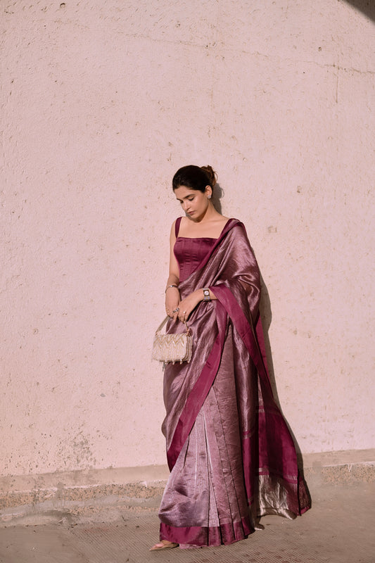 PLUM STRIPED TISSUE SILK SAREE