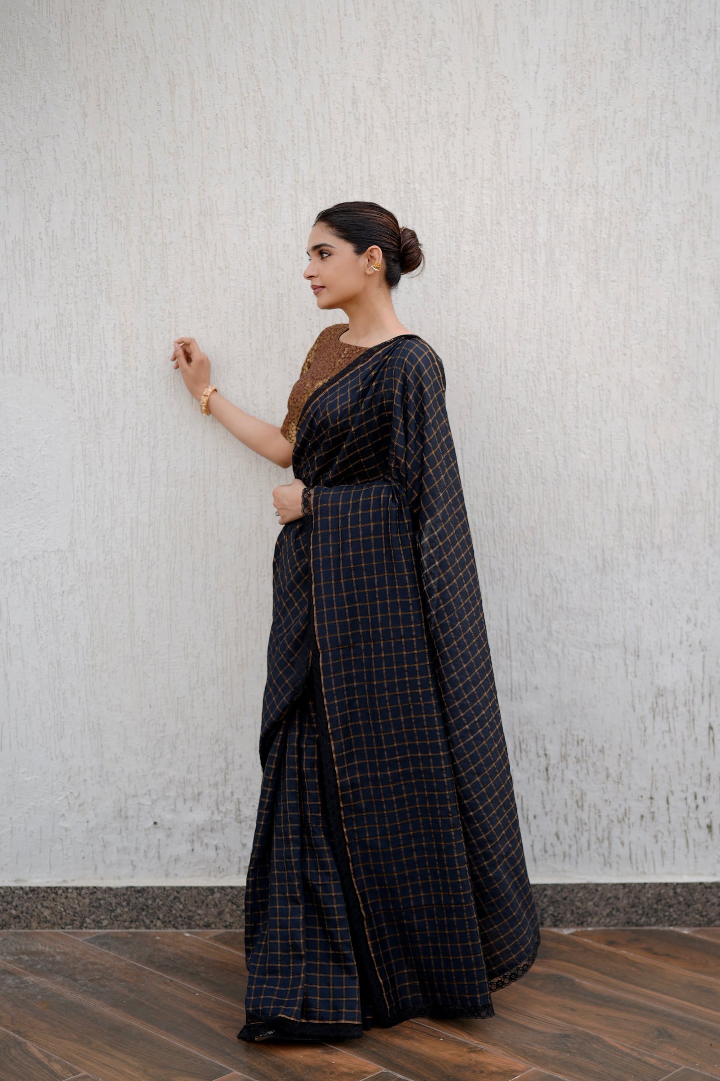 BLACK MOONGA SILK CHECK SAREE