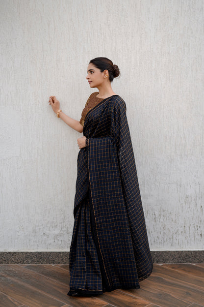 BLACK MOONGA SILK CHECK SAREE