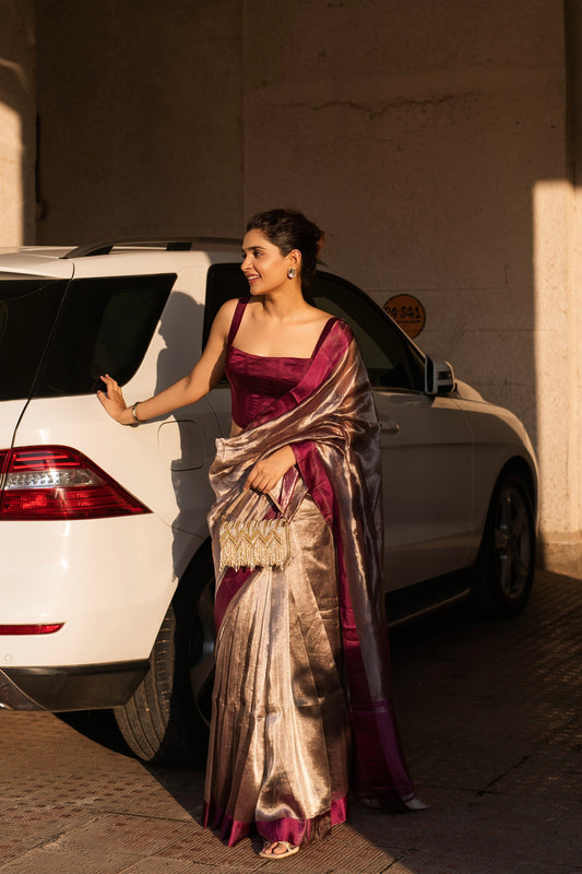 PLUM GLASS TISSUE SAREE