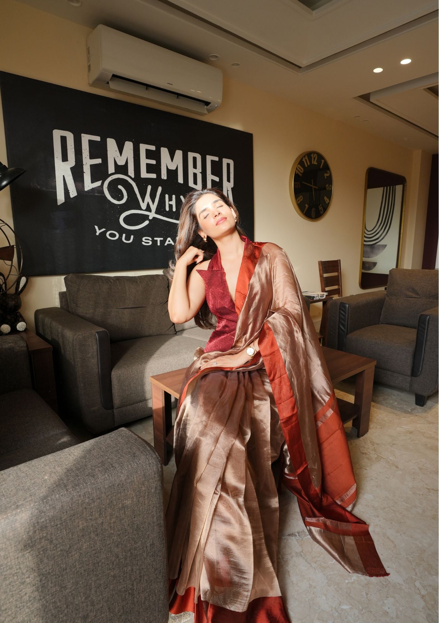 BRICK RED TISSUE SILK SAREE