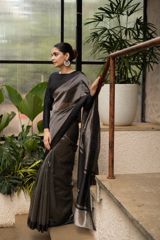 BLACK STRIPPED TISSUE SILK SAREE