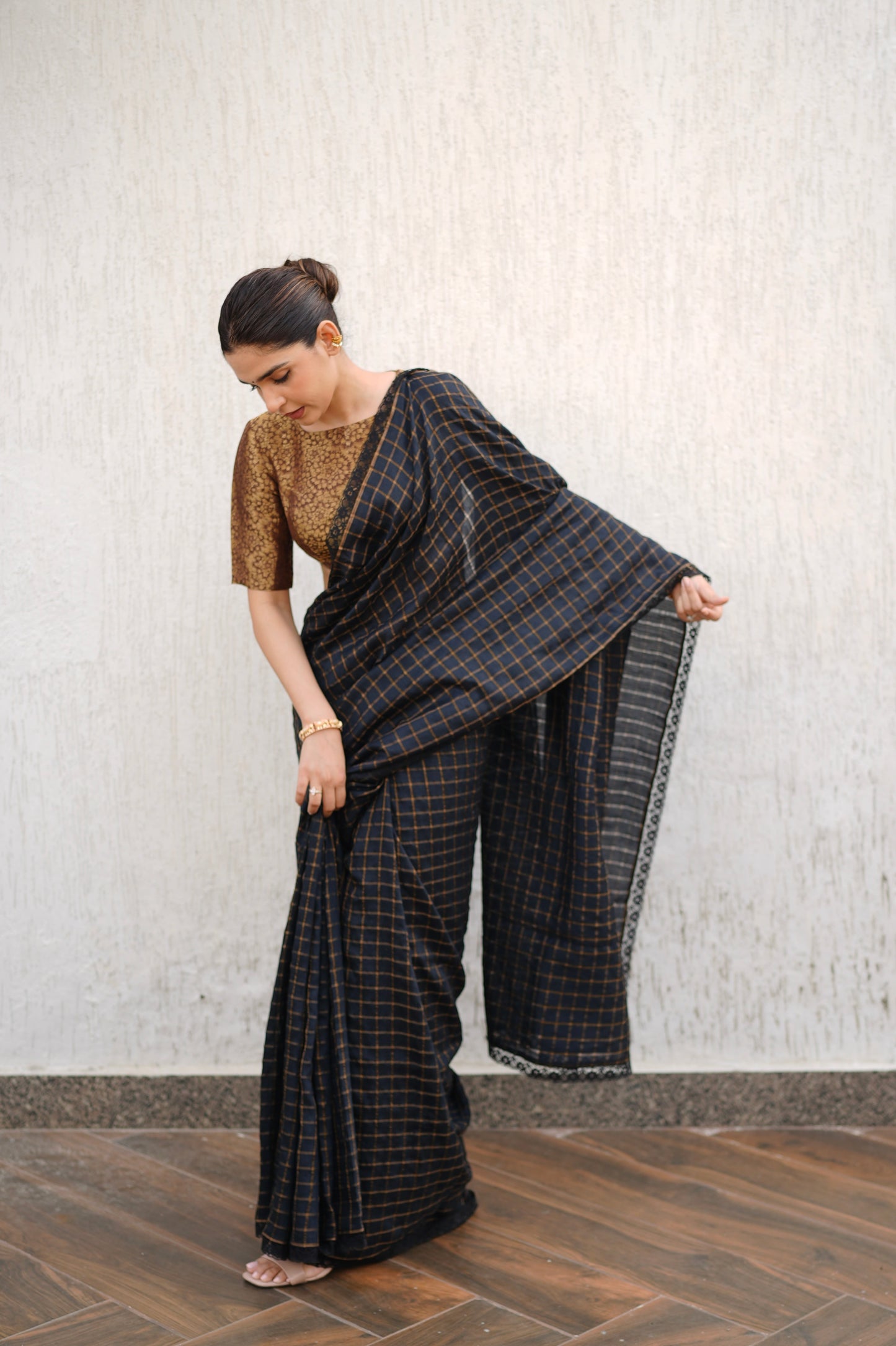 BLACK MOONGA SILK CHECK SAREE