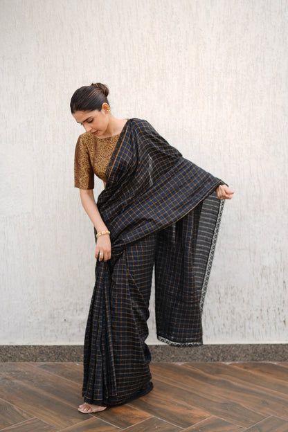 BLACK MOONGA SILK CHECK SAREE