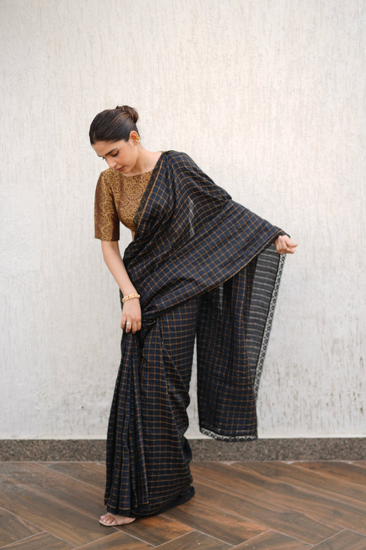 BLACK MOONGA SILK CHECK SAREE