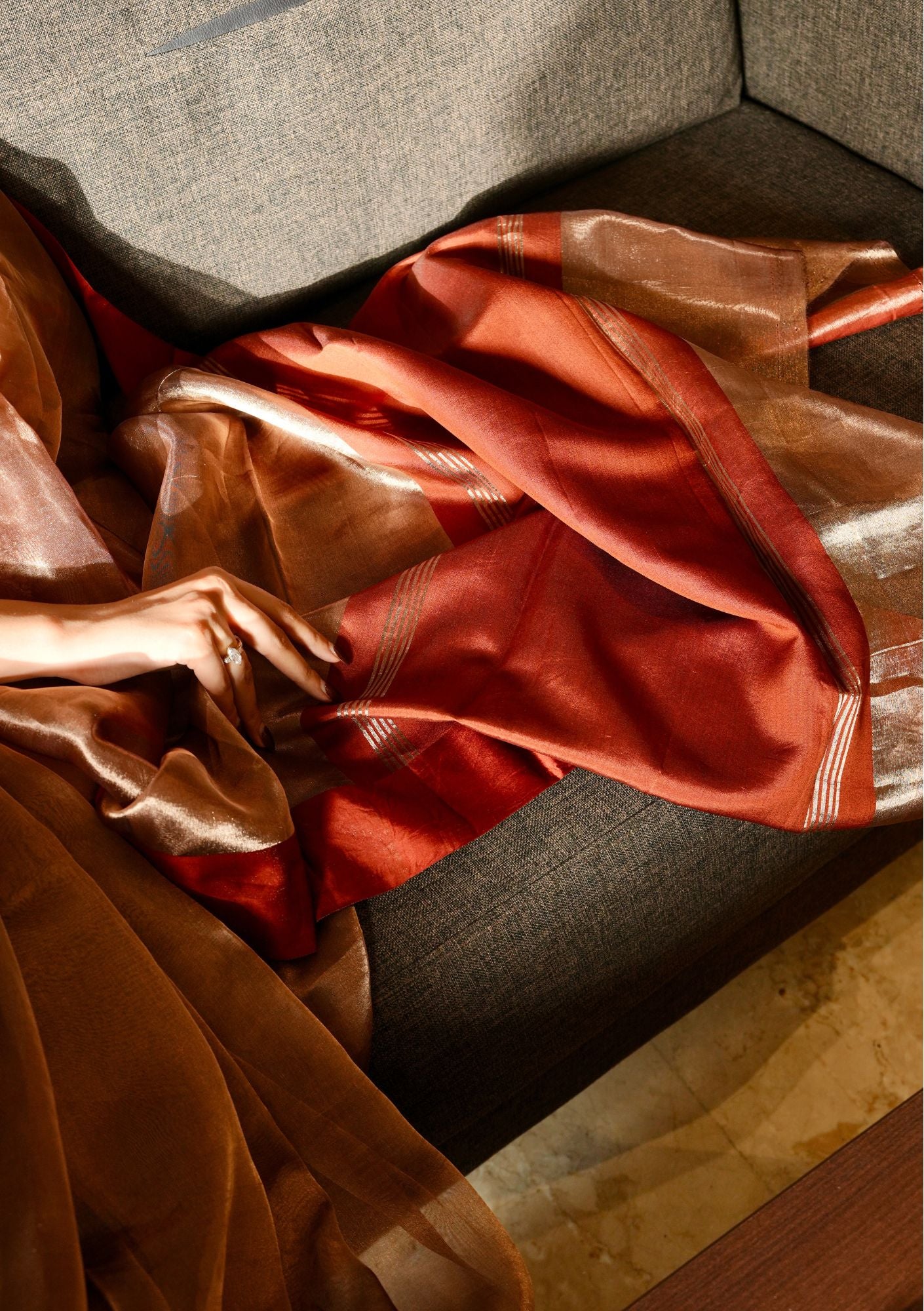 BRICK RED TISSUE SILK SAREE