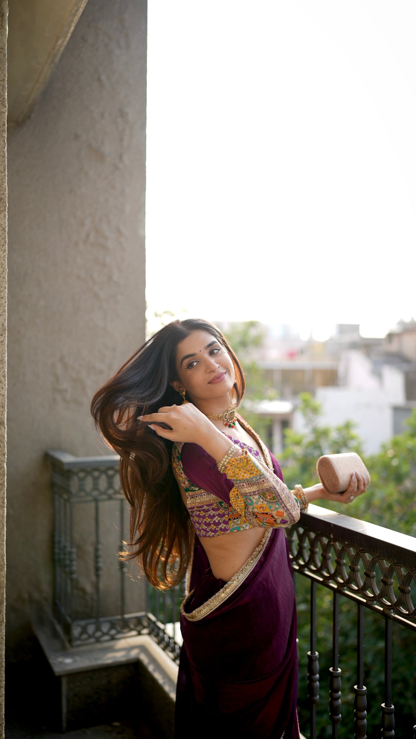 WINE TISSUE SAREE WITH LACE BORDER & MULTICOLOUR BLOUSE