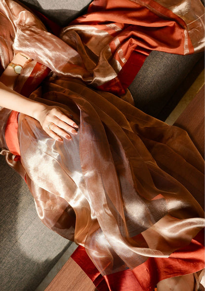 BRICK RED TISSUE SILK SAREE