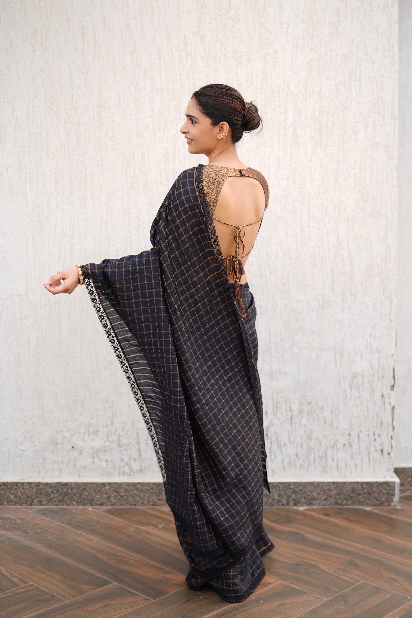 BLACK MOONGA SILK CHECK SAREE