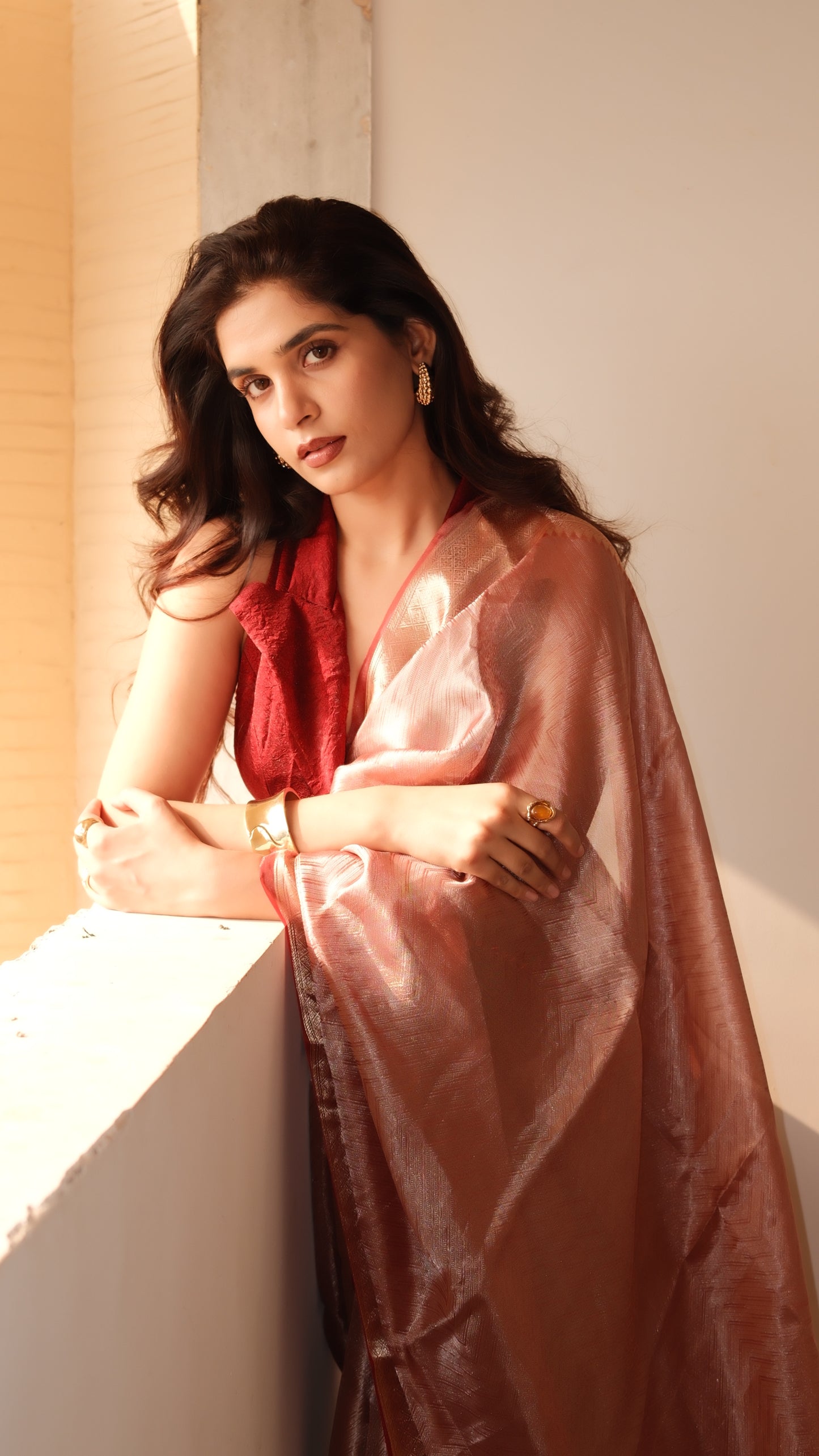 SIGNATURE TISSUE SAREE WITH ZARI BROCADE BORDER & TAILORED WAISTCOAT